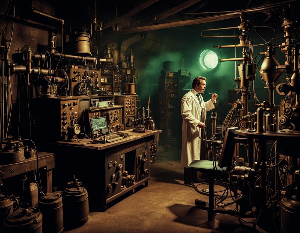 CCTV footage of a retro mad scientist in his horror-movie dungeon lab full with vintage equipment and ...  by @Paul Soderholm