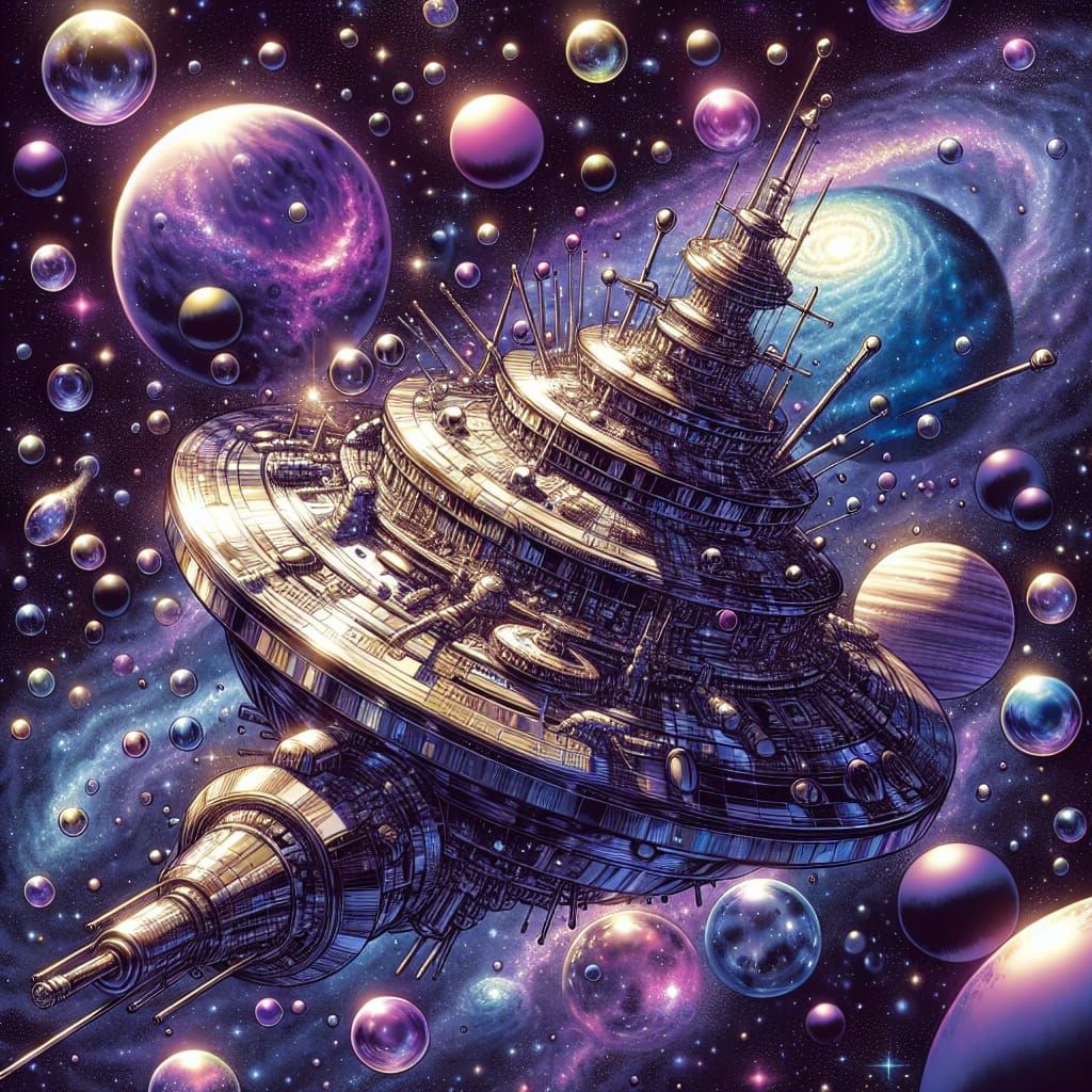 hyper detailed shiny metal pirate spaceship in the starry universe, comets, planets, moons, galaxie, millions of stars a...