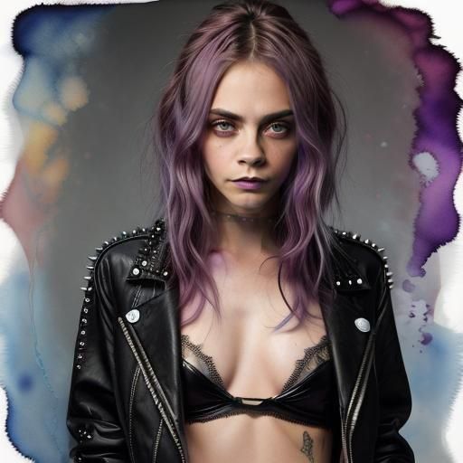 watercolor alcohol ink. beautiful cara delevingne with long tousled purple hair, slight dark eyeliner, wearing a leather...