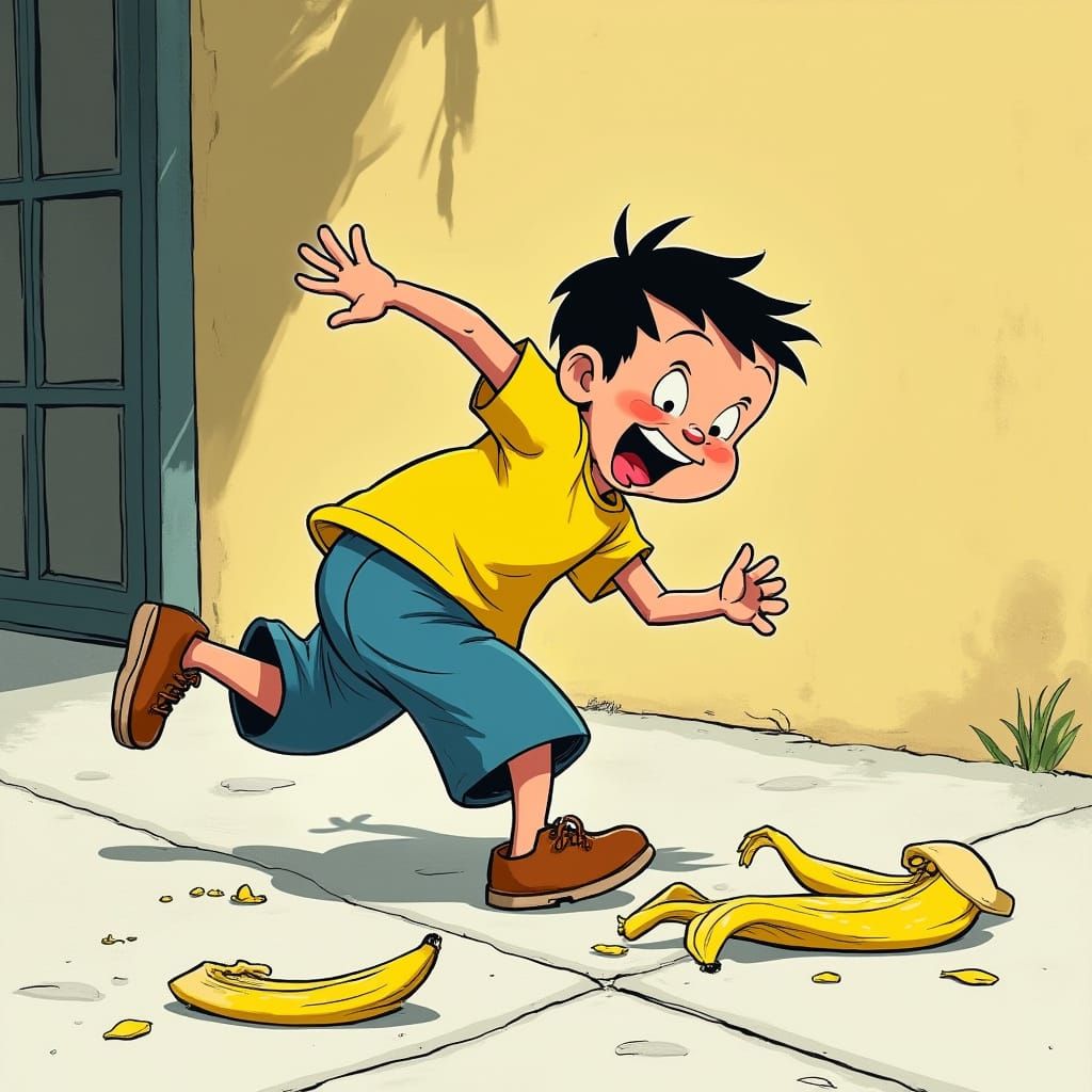 Boy Falls on Banana Peel in a Humorous Cartoon Scene