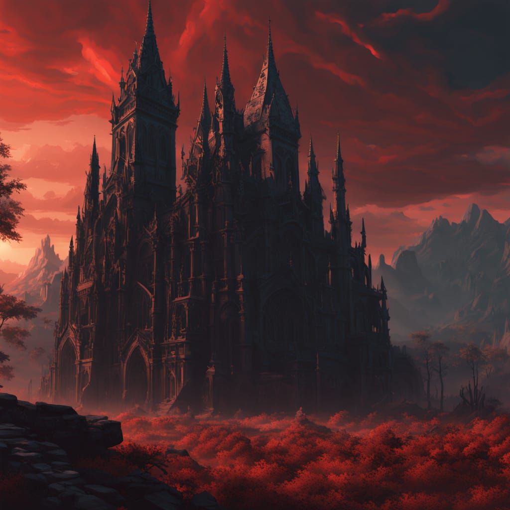 "Ultra-detailed gothic necropolis cathedral fused with a colossal skeletal reaper, towering skull-faced figure emerging from blackened spire...