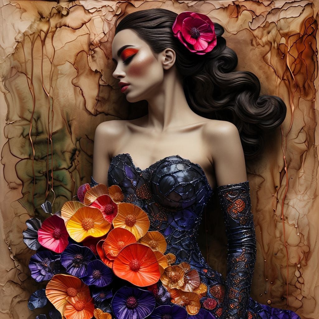 Textured portrait of a woman with blooming flowers