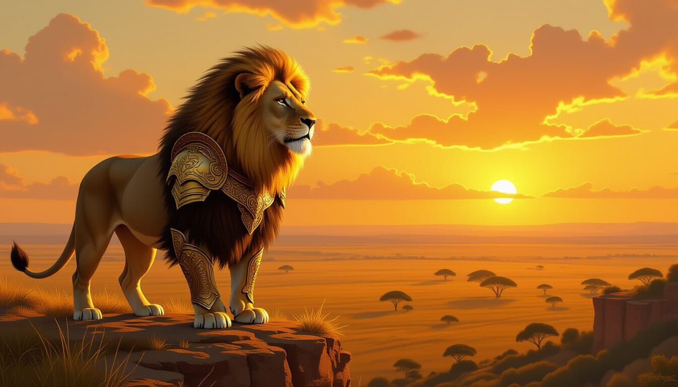 A regal lion adorned with intricate golden armor and a flowing mane, standing proudly on a cliff overlooking a vast, golden savanna at sunse...