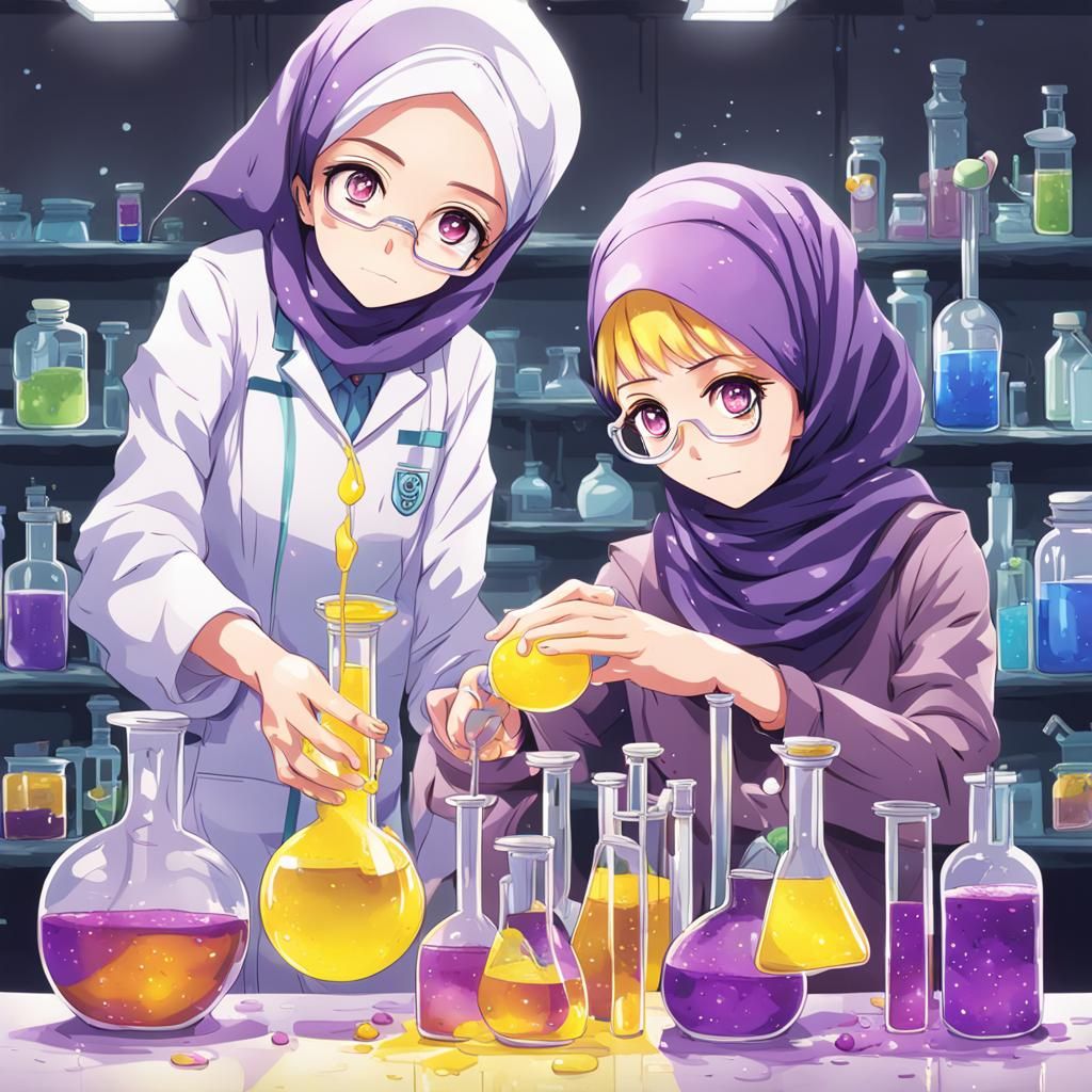 Hijabi Scientists Mixing Liquids in Anime Style