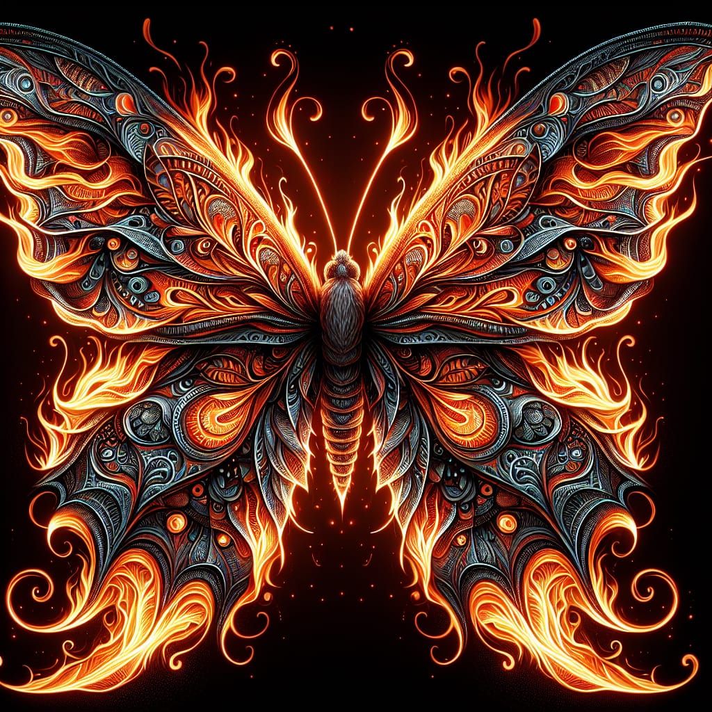 A Close up Illustration of a Decorated Butterfly, with Flame...