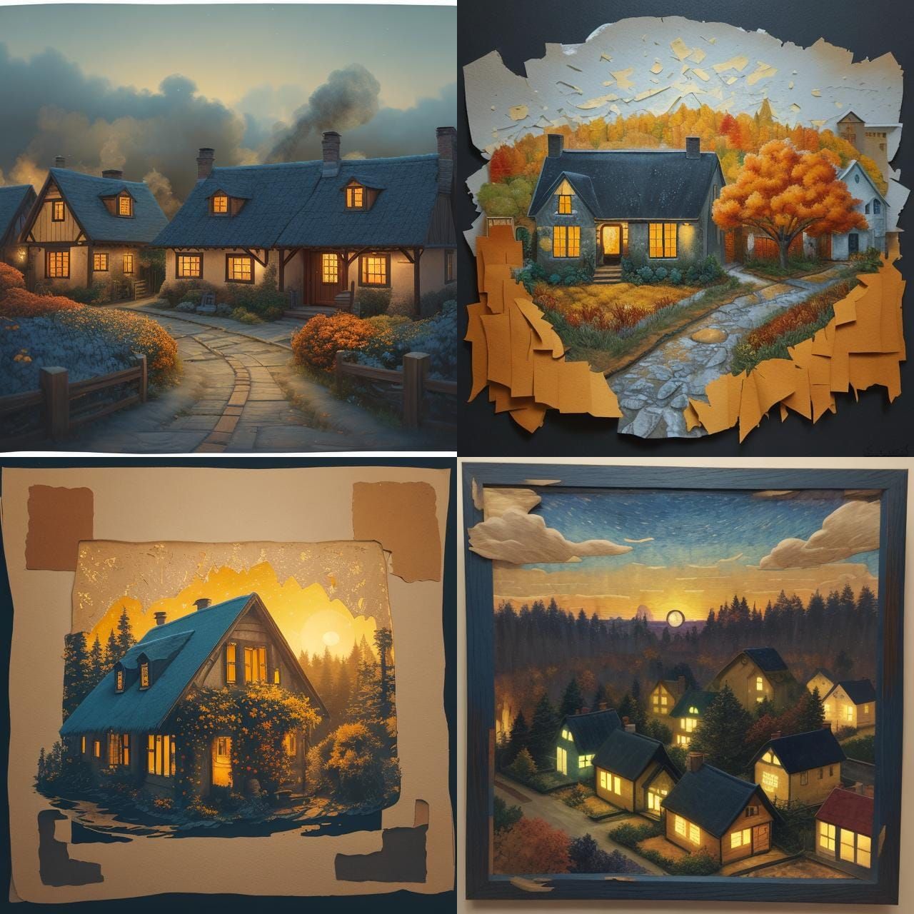A layered paper collage of a small village during autumn twi...