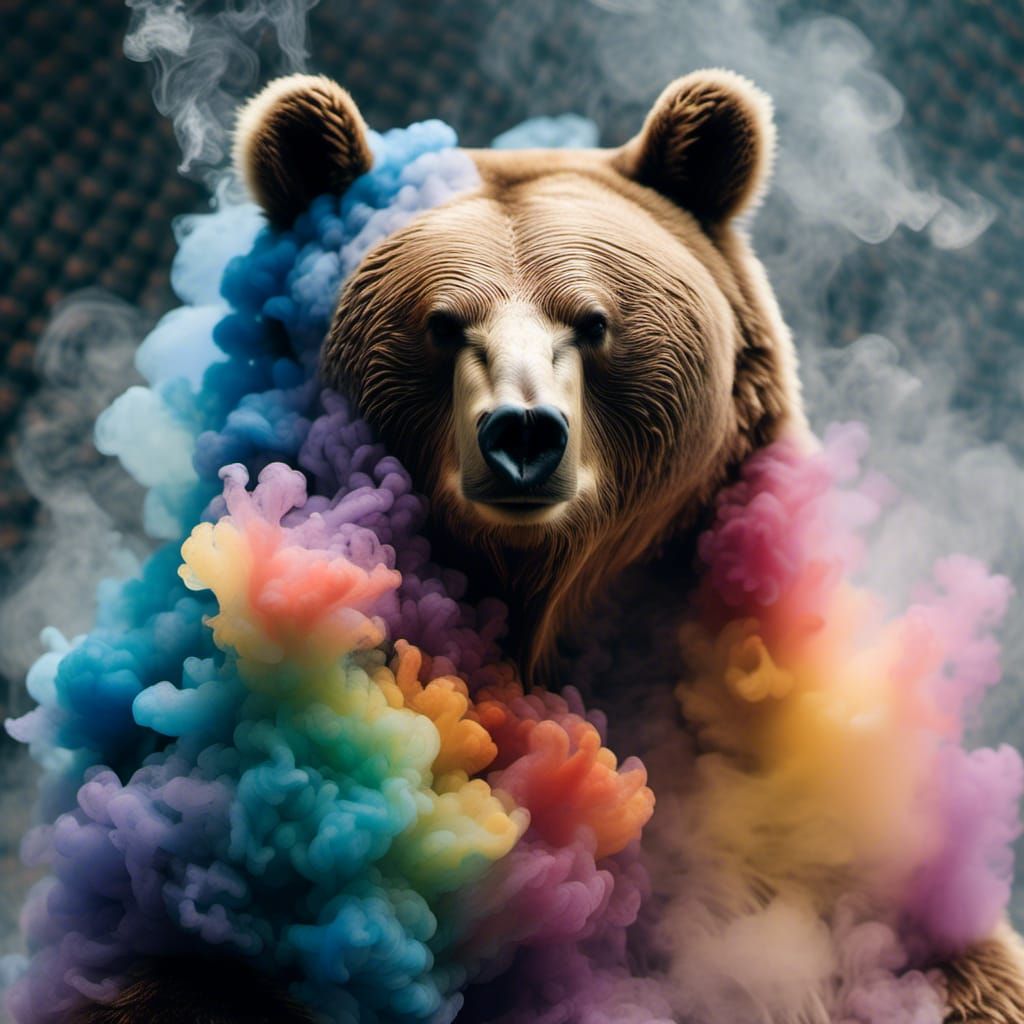 Photograph: Obese Bear in rainbow smoke, inspired by Kim Kee...