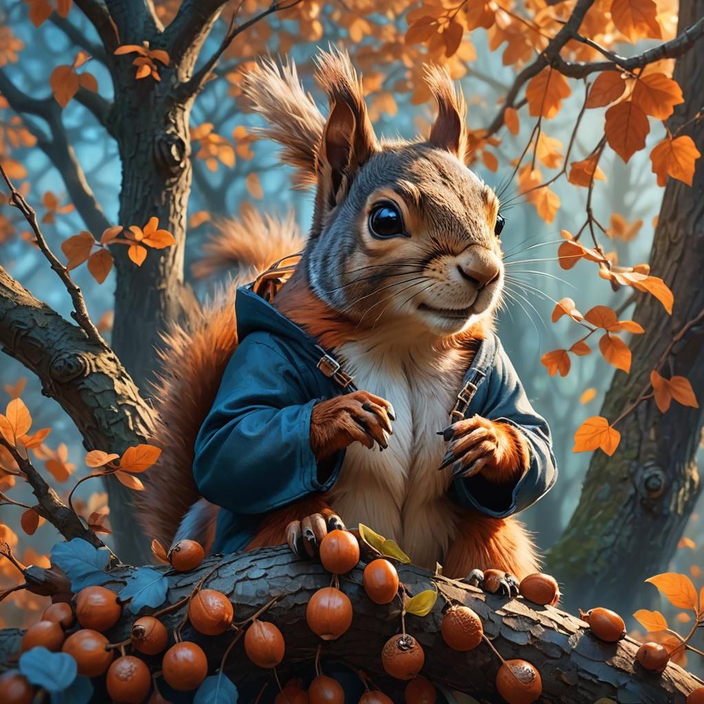 Squirrel and Person Sharing Acorns in Fantasy Art