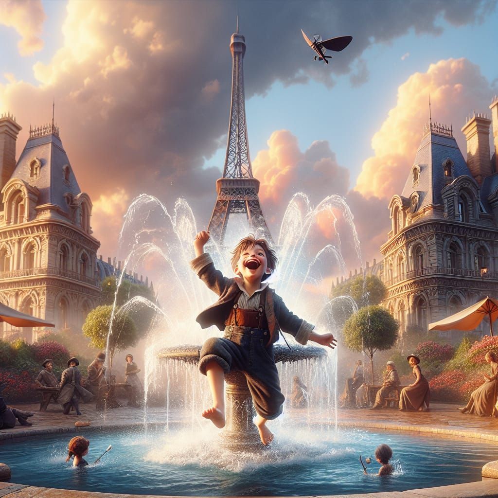 A Very happy little French boy splashing the fountain in front of the Eiffel tower,dalle-3