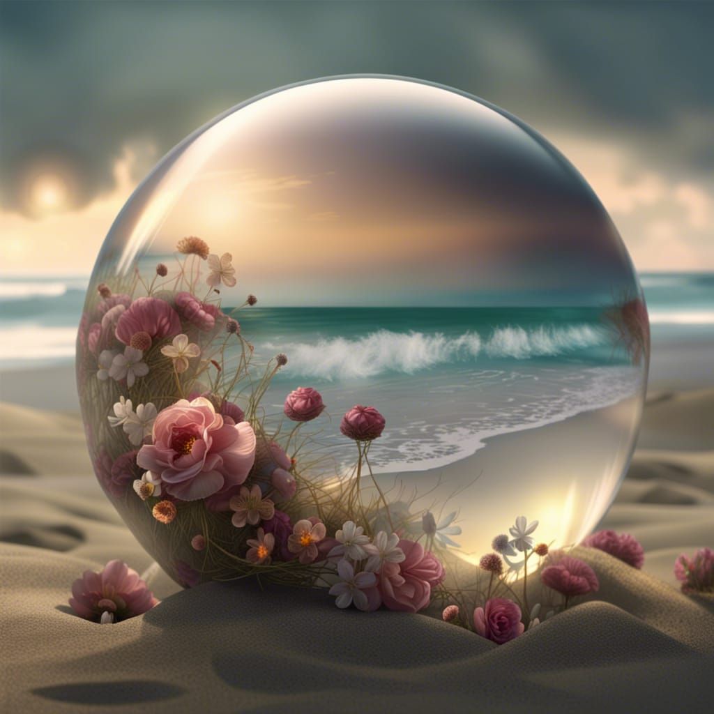 A glass ball containing flowers lies on the beach by the sea  by @svatbio