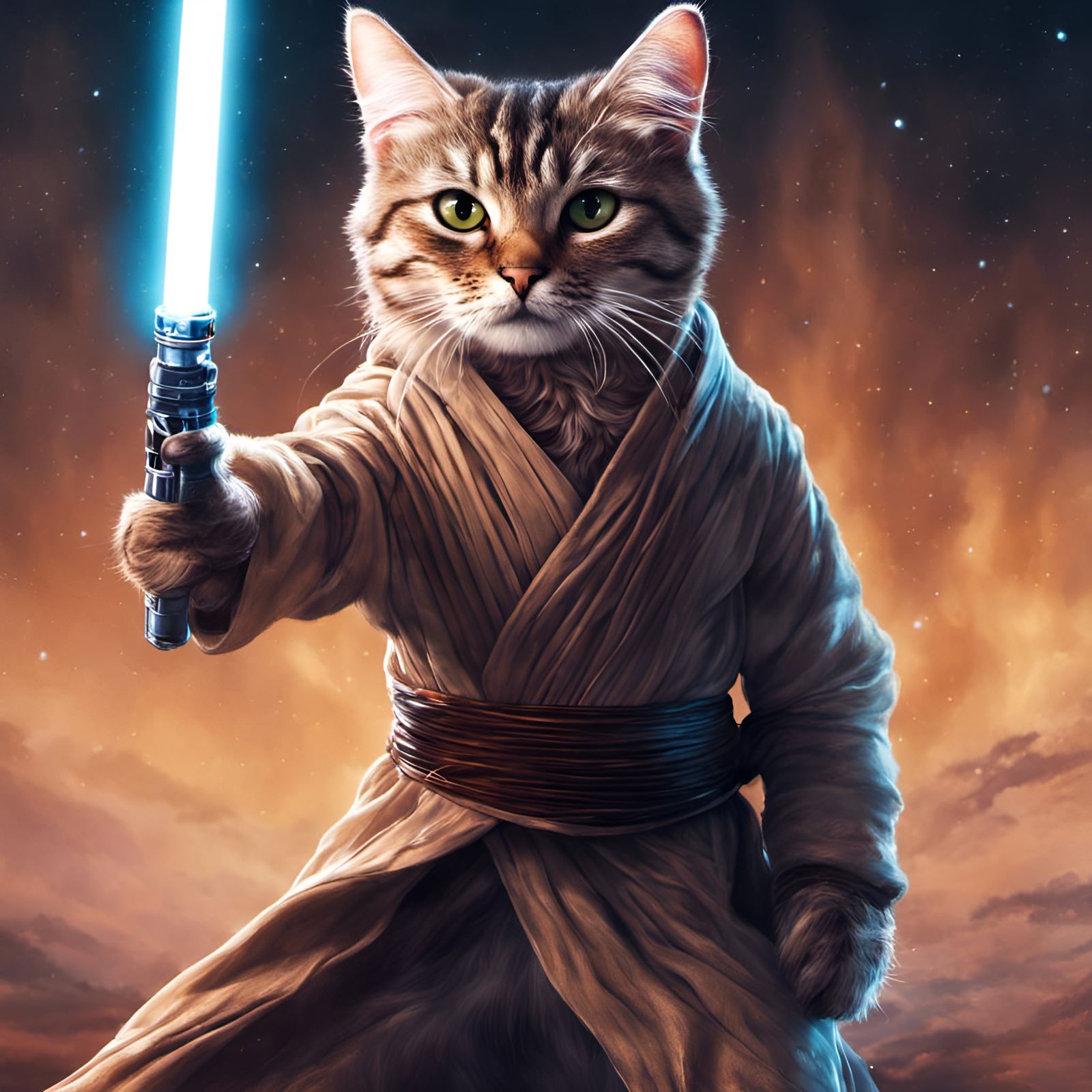 Jedi cat holding a lightsaber in action pose, lightsaber, robes, 64k ...