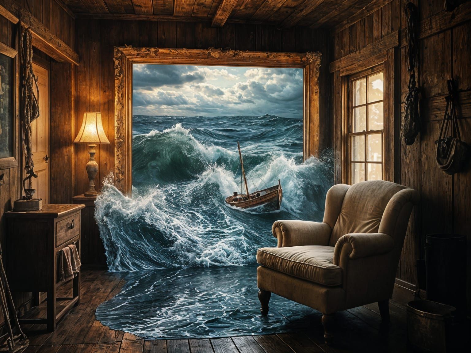  Inside a weathered fisherman’s hut from the late 1800s, the sea itself seems to come alive spilling out of an old oil painting on the wall....