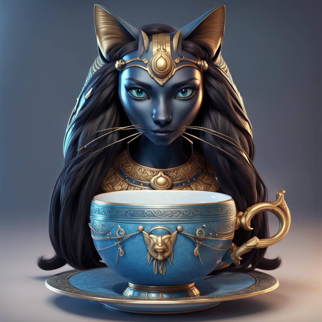 Egyptian Cat Goddess Bastet Drinking Tea, Digital Art