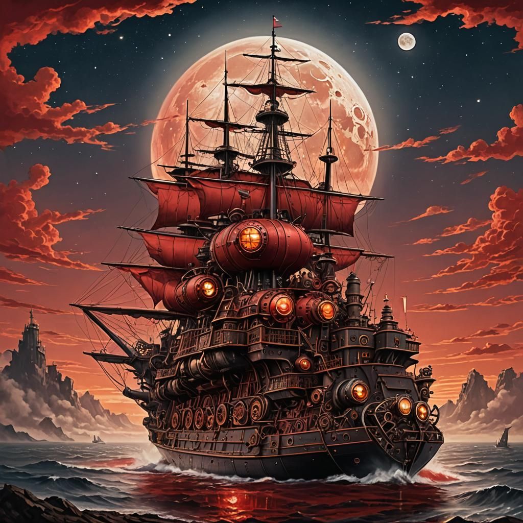  red sky on Horizon equator Moon ship   by @vintage type