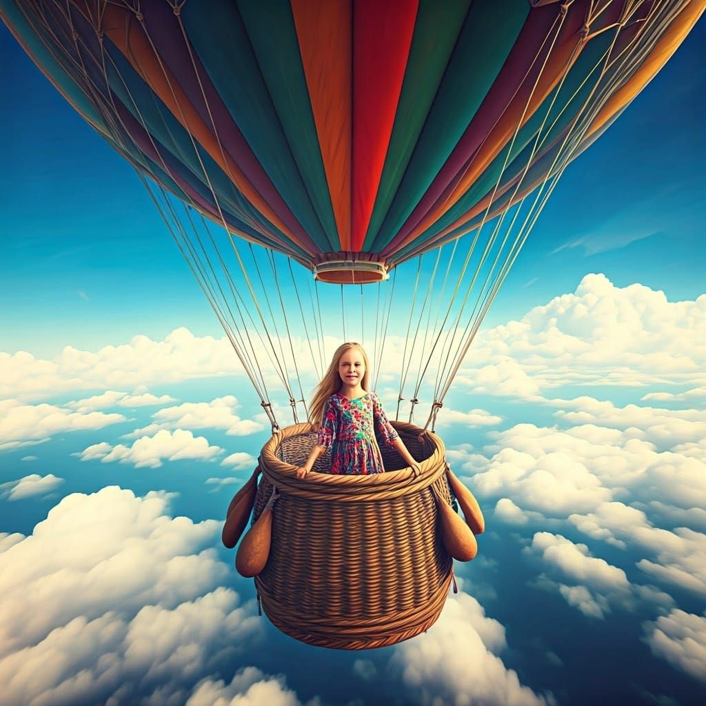 Girl in Whimsical Hot Air Balloon Soars Through Bright Blue...
