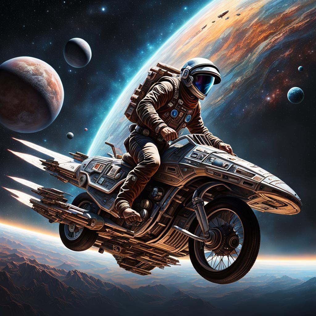 Space cowboy riding a motorcycle spaceship   by @Mommakuma