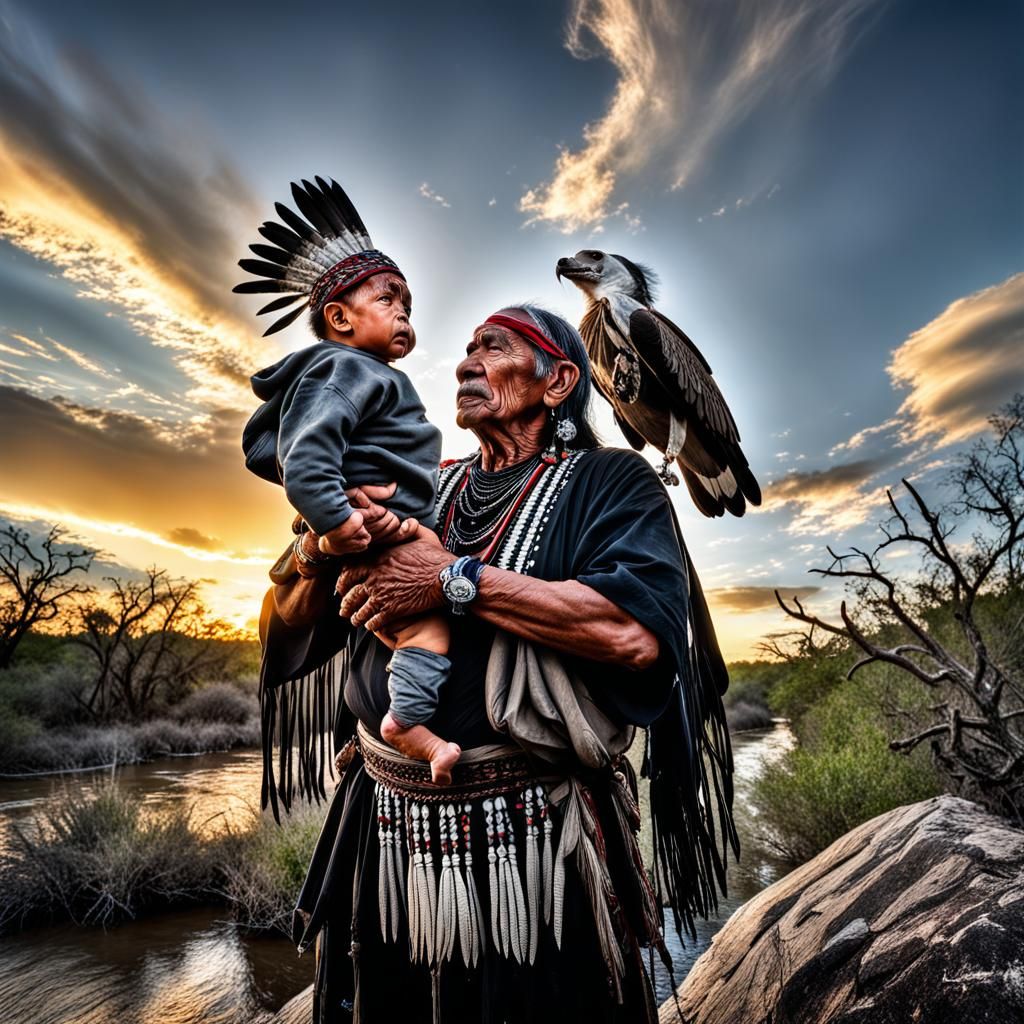 Elder holding baby grandson to the sky , silver and black su...