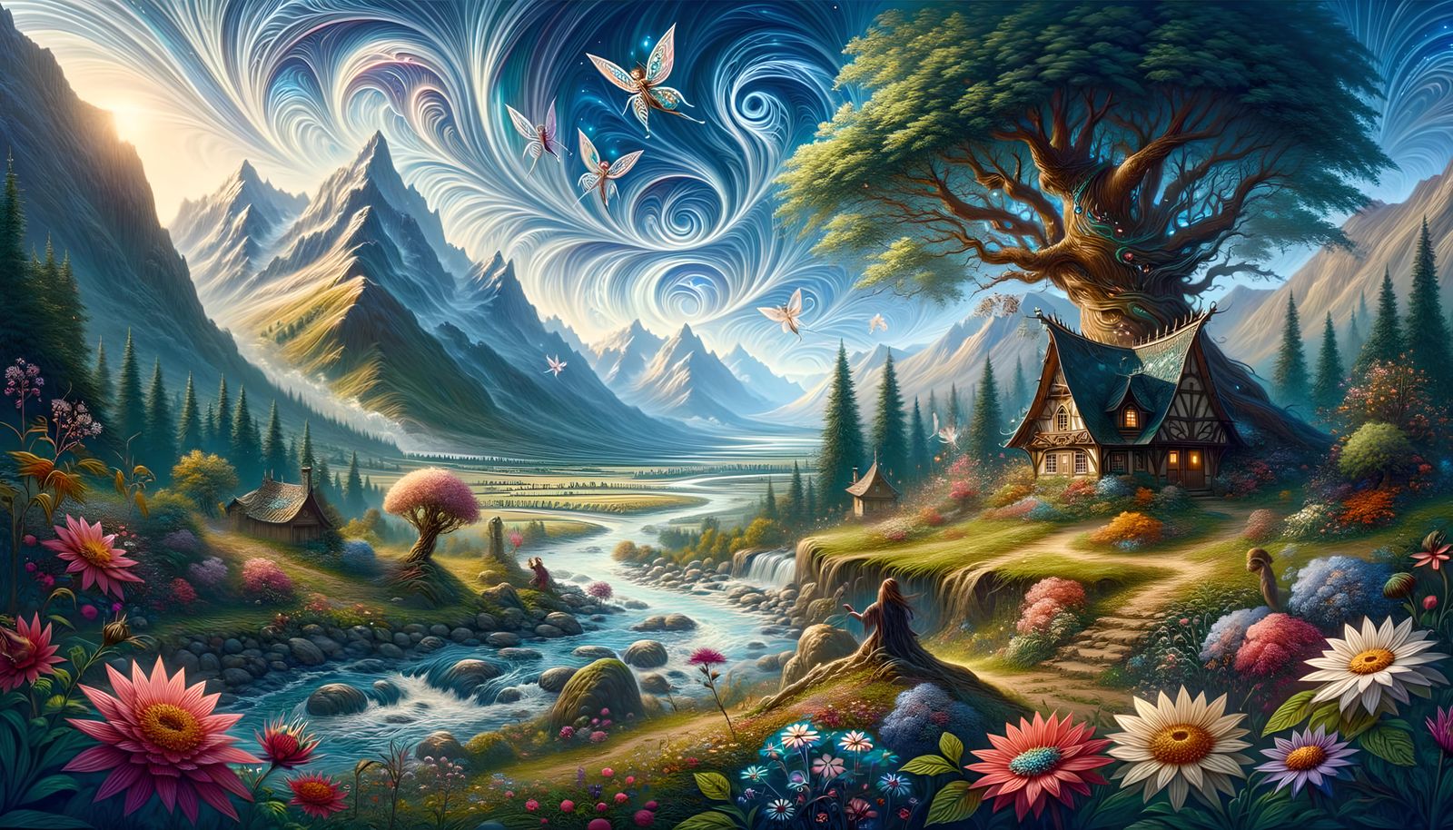 Fantasy fairy house, river, flowers, tree, mountains, sky, s...