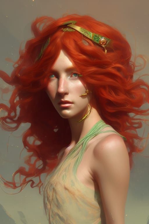 portrait bronze age goddess, long red curls, emerald eyes dy...