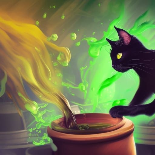 black cat making potions from a cauldron of green liquid clear face ...