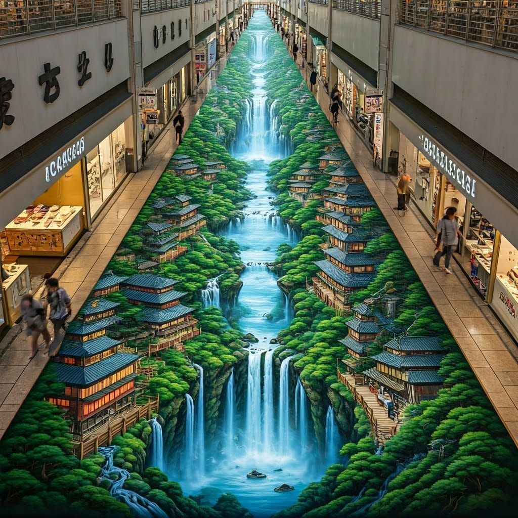 an Optical illusion spray paint Street art giant painting in a Japanese shopping district floor, a detailed ...  by @Summerchild