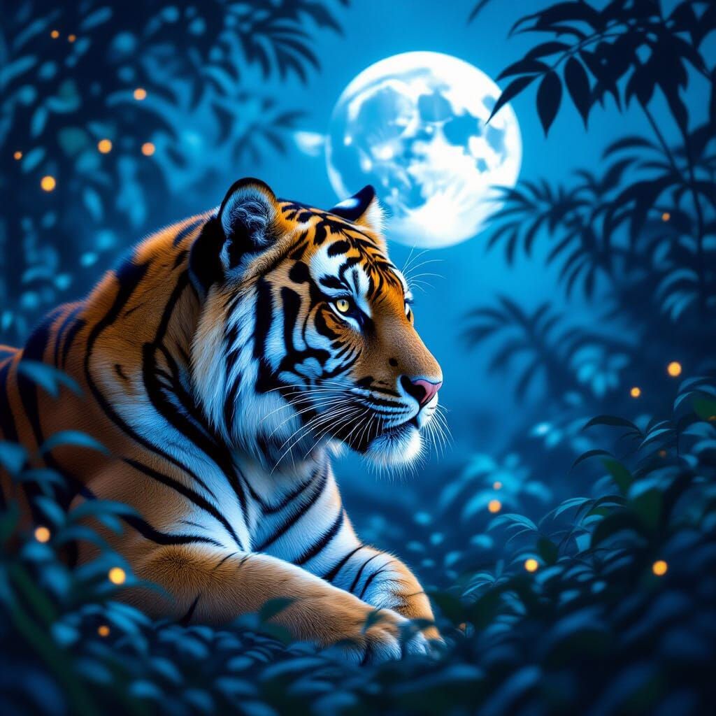 Surreal Tiger Merging with Moonlit Jungle