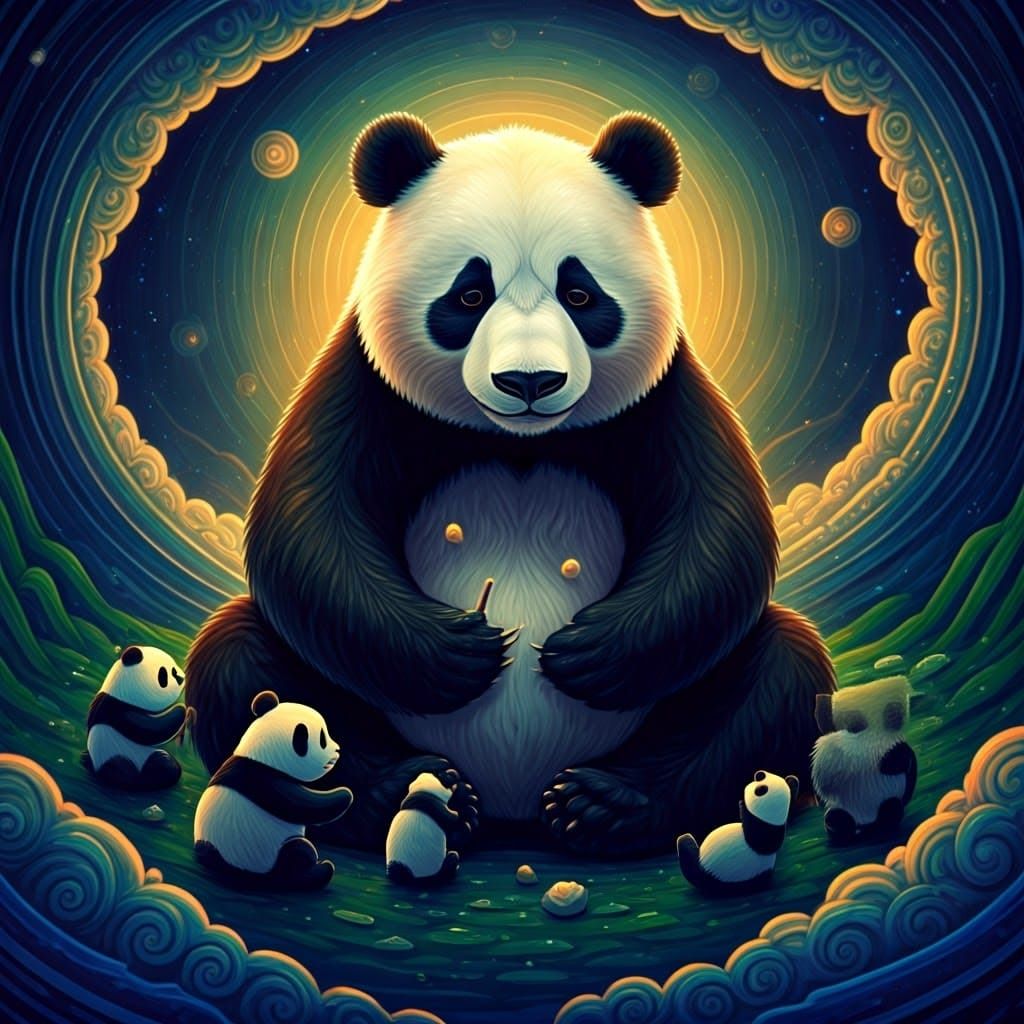 Panda Bear Teacher in Astral Classroom, Holographic Illustra...
