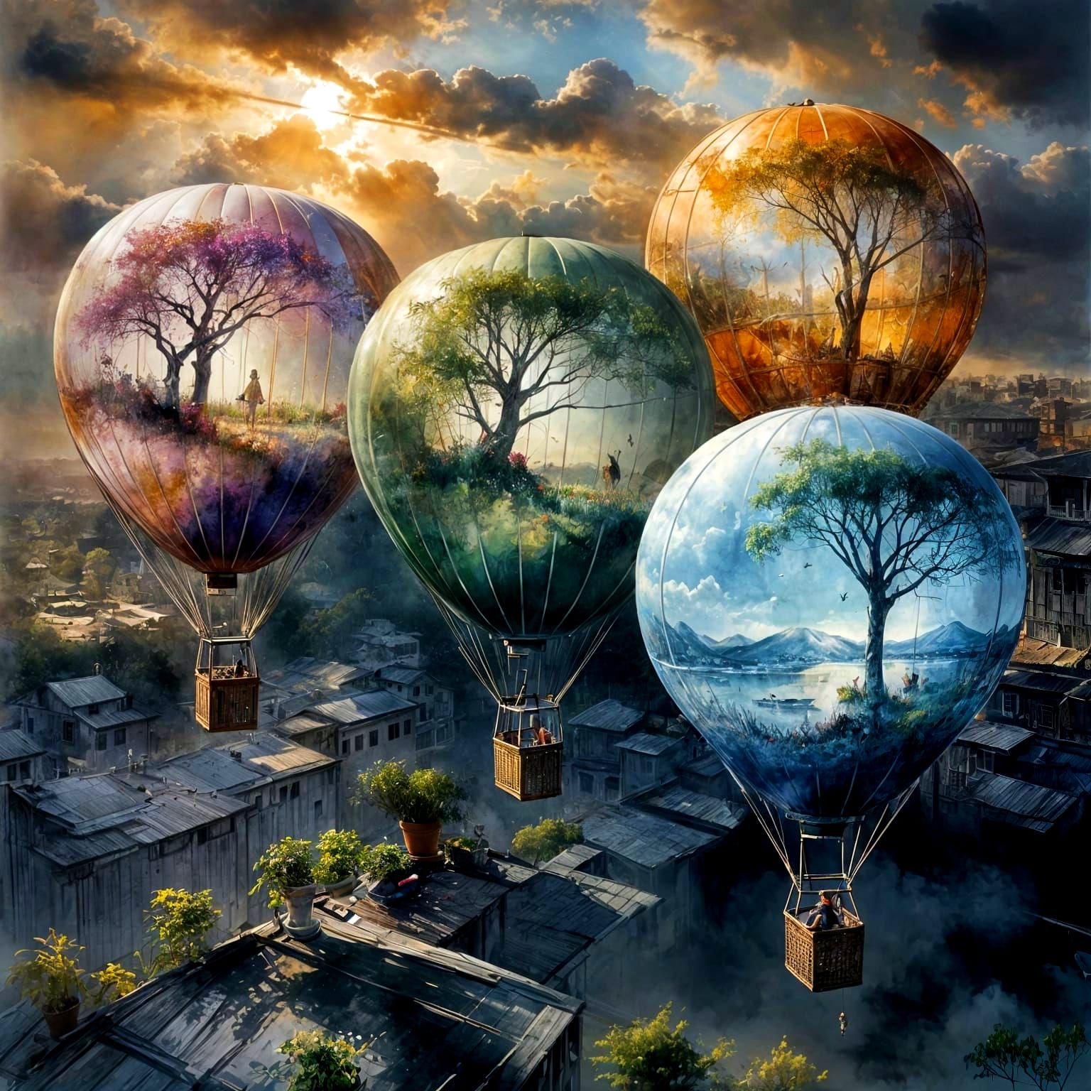 Seasonal Balloons rise from a grey city  by @silverpoodle