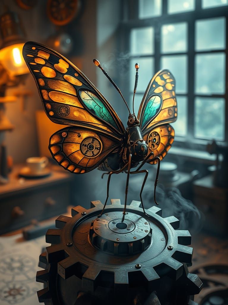 A steampunk butterfly with intricately detailed brass wings, each panel riveted with miniature gears ...  by @Rod Zombie