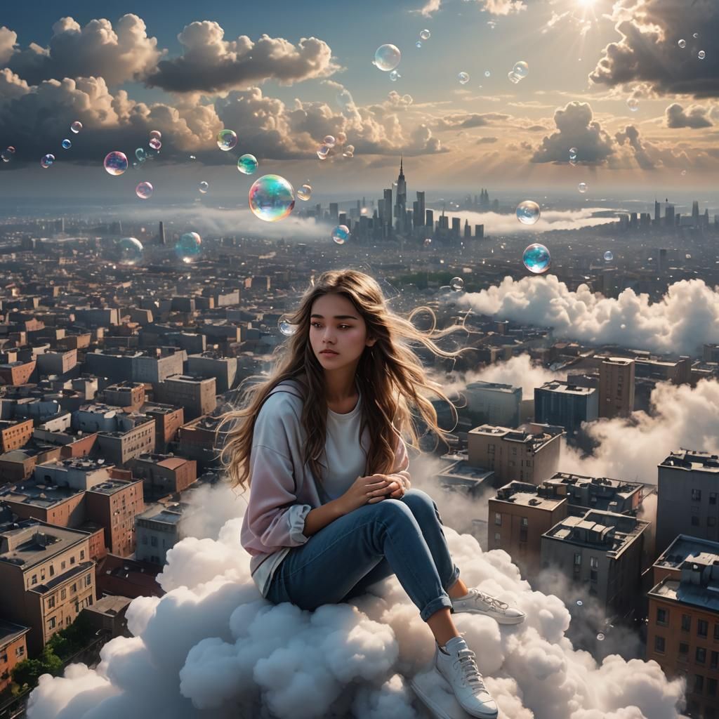 Cinematic, hyper realistic, A teenager girl sitting on a clo...