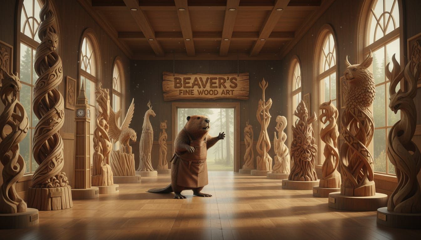 A beaver with a showroom full of intricately carved wooden art statues  by @Dantonio