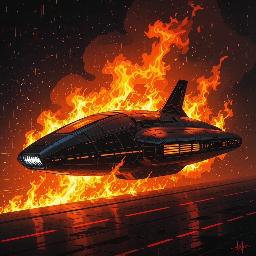 a space shuttle radiating fire as it lands on the deck of a base on a hostile planet.