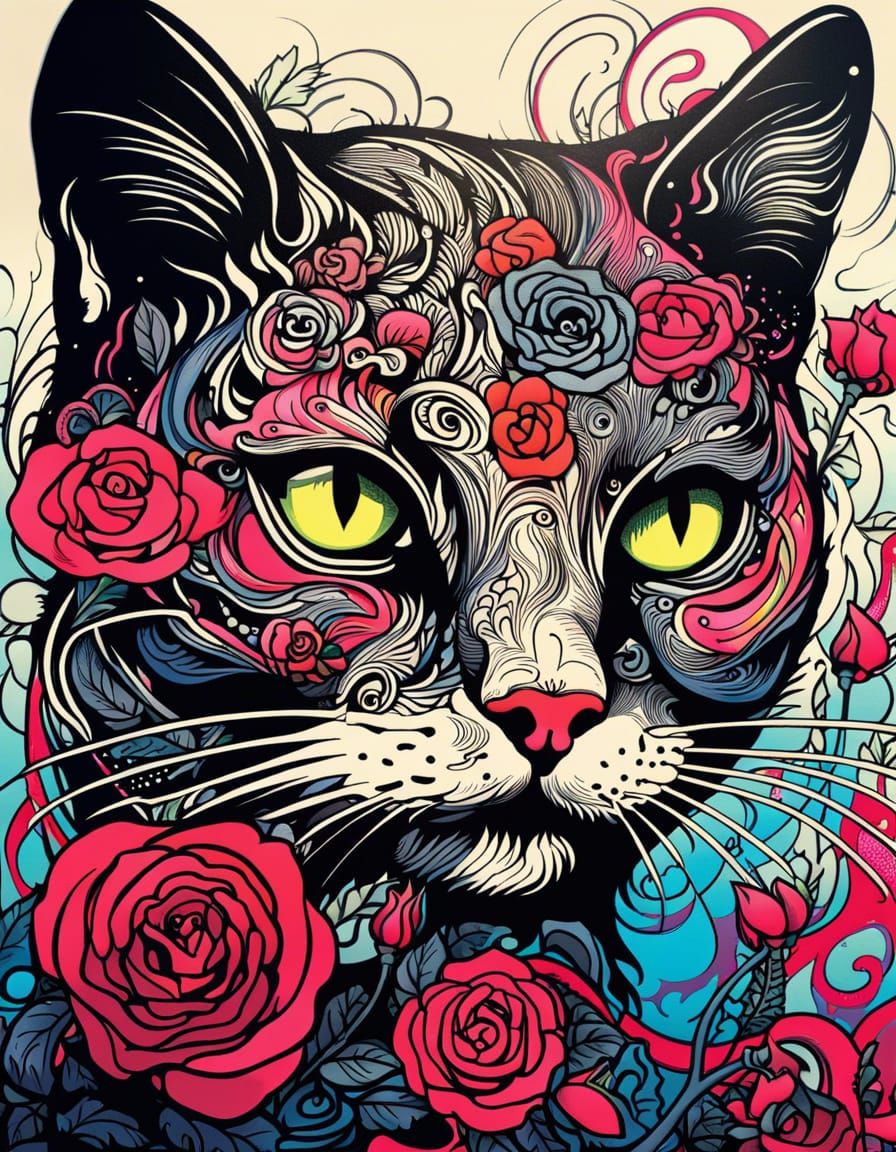 Cat and Roses