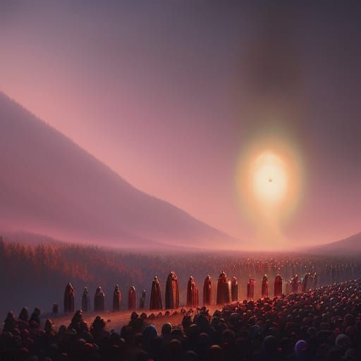 A procession of cloaked people all wearing huge donut shaped...