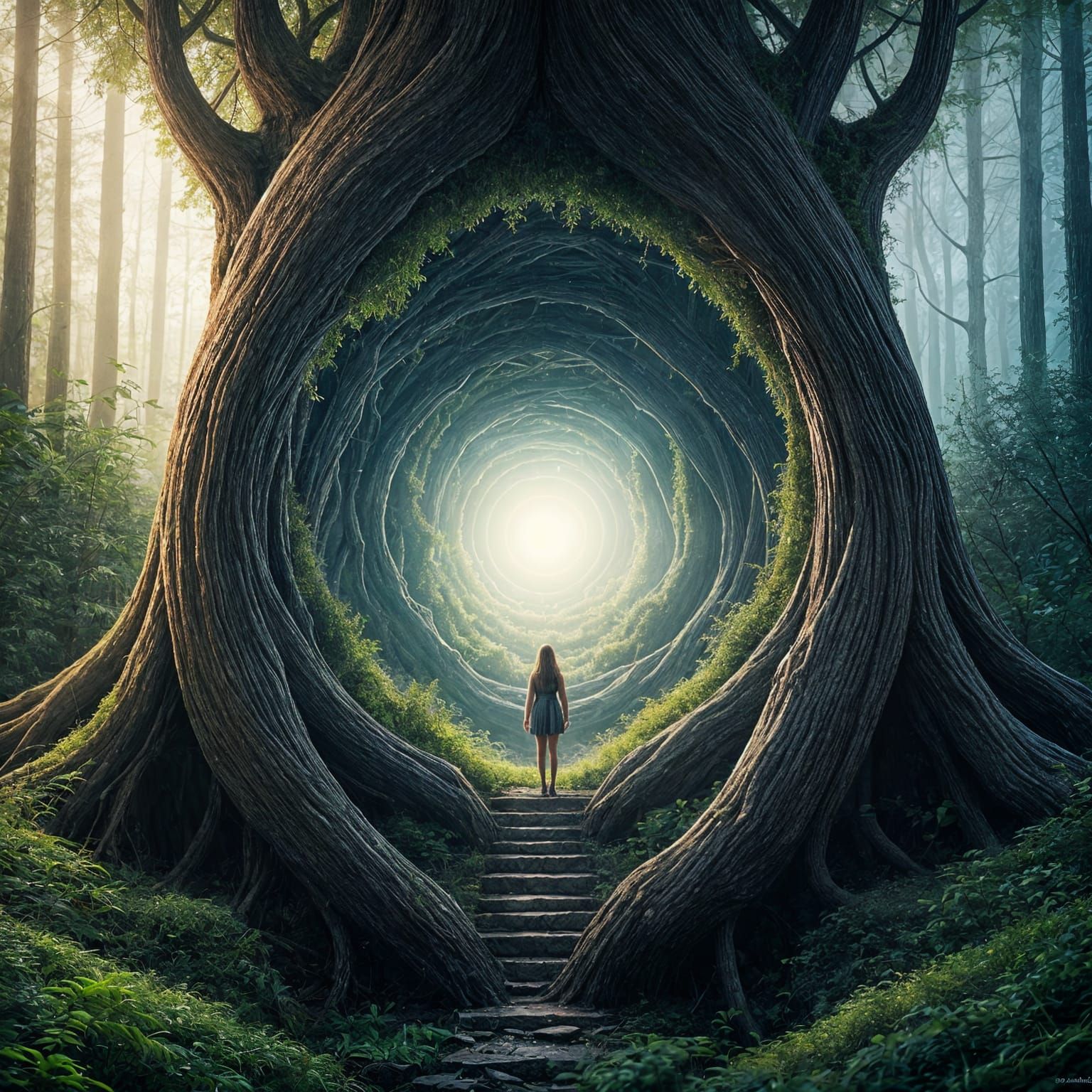 Portal to another world inside a tree, fantasy, surreal, space distortion, dream-like  by @Veronica Knightly
