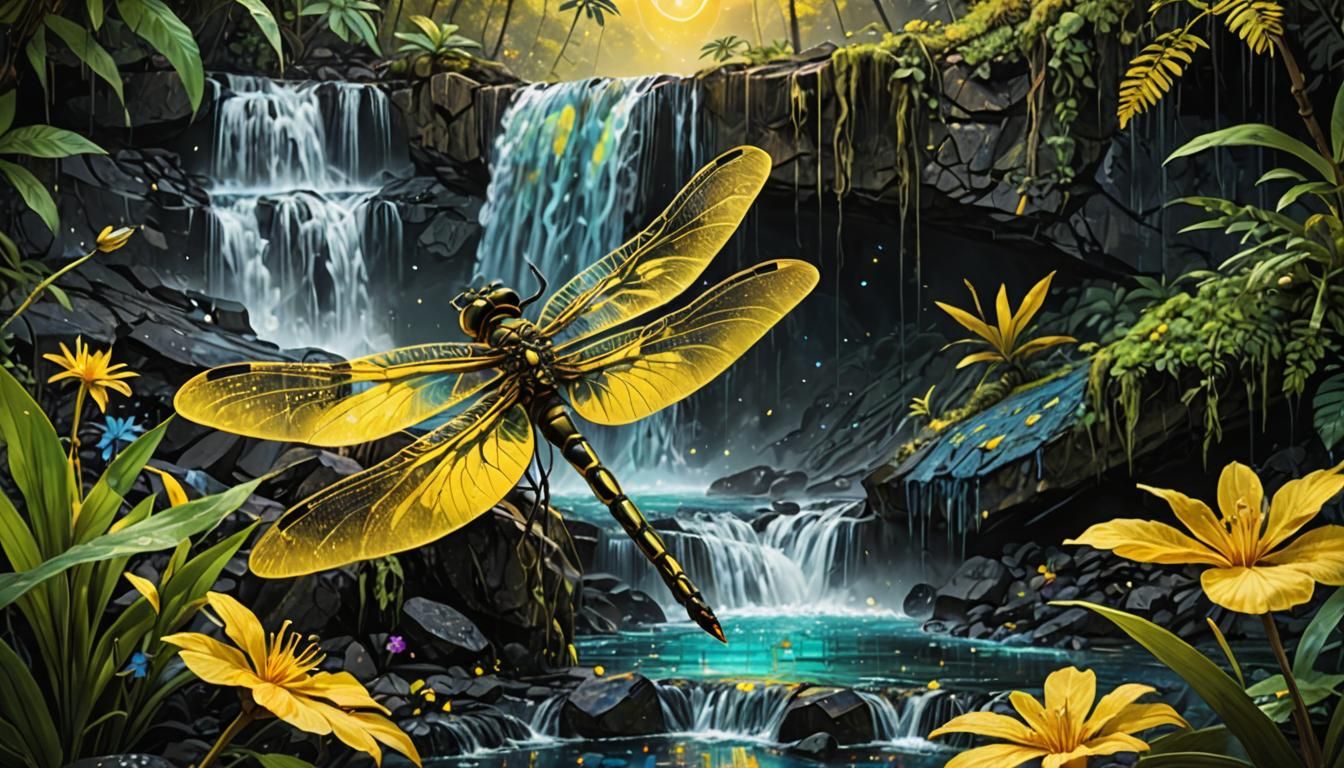 Yellow Dragonfly & Waterfall