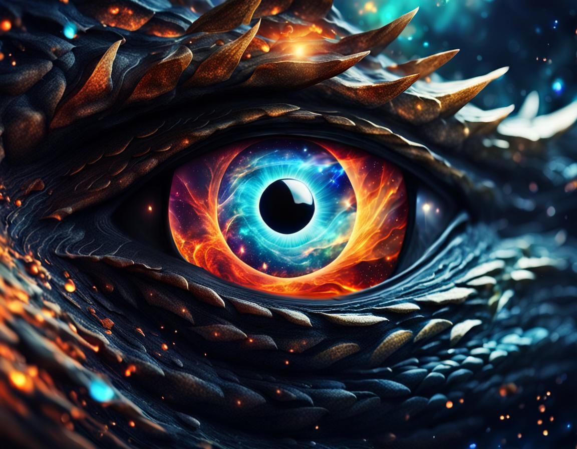 Abstract Dragon Eye with Galaxy Reflection