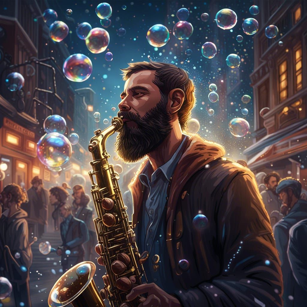 Saxophone Player Releasing Bubbles: Hyperdetailed Poster Art