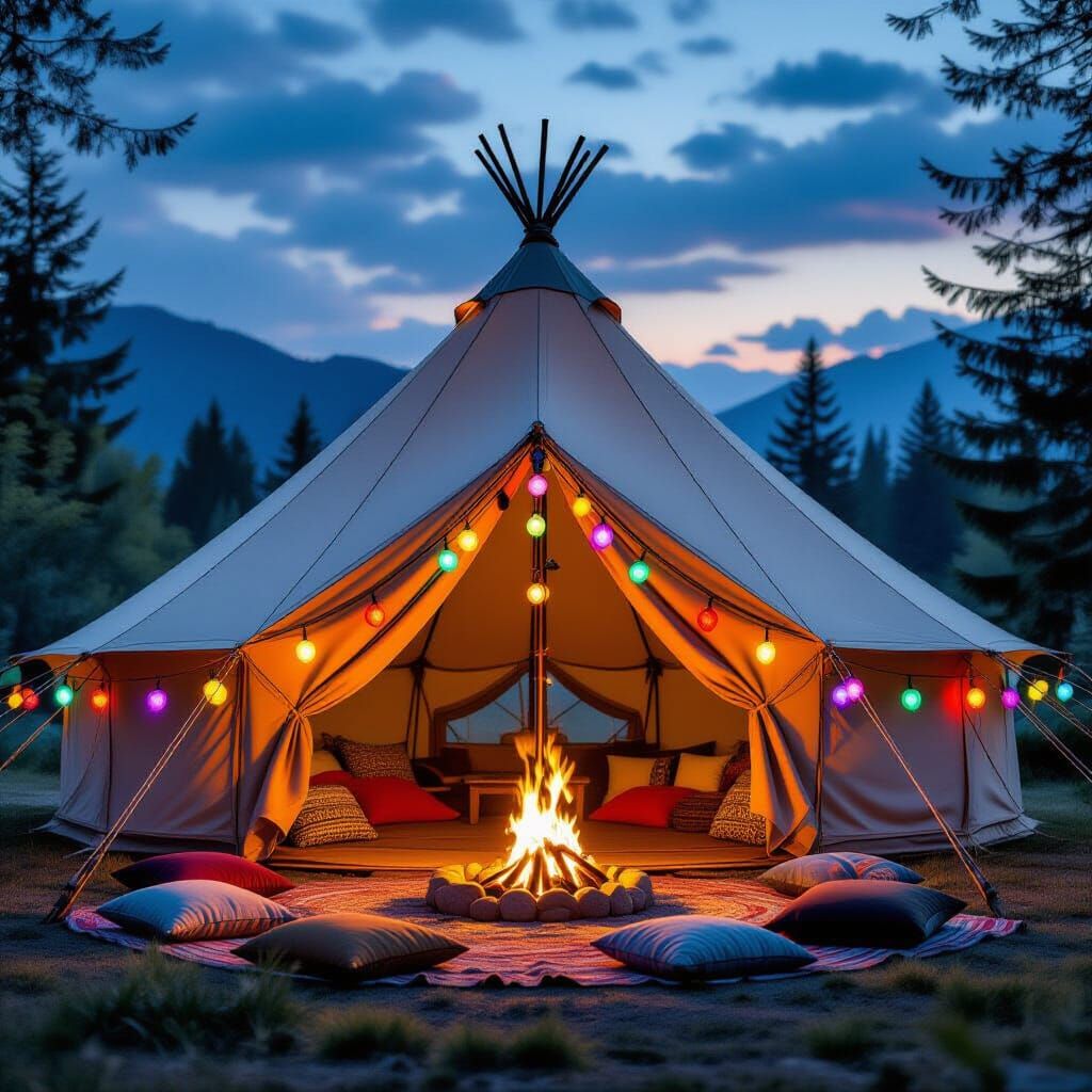 A tent shaped like a pavillion, a fire in front of door, pendants flying on poles, pillows on the ground about the fire