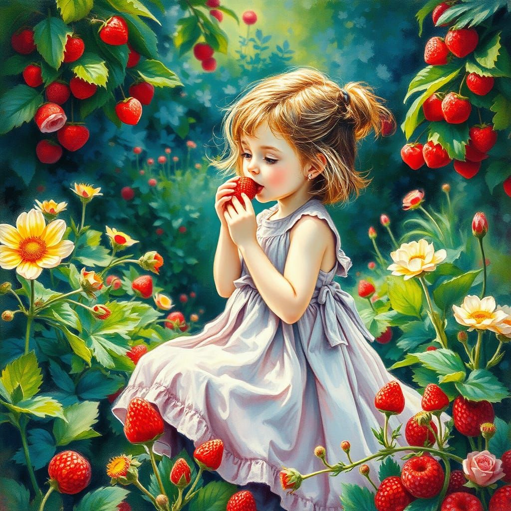 petite fille qui mange des fraises hyperdetailed charcoal drawing in Gouache Style, Watercolor, Museum ...  by @Dom