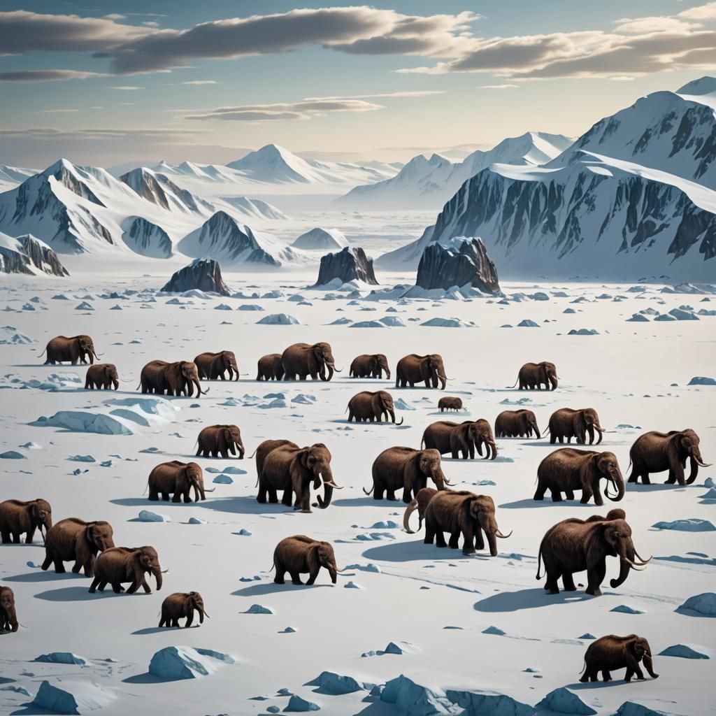 Wooly mammoth herd traveling across the vast Antarctica.