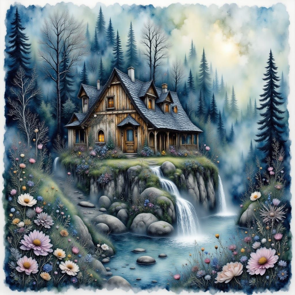 <lora:Enchanting Intensity:1.0> Watercolor drawing of a wonderful fantasy wooden cottage by the lake in blue and green forest, horror, lace ...