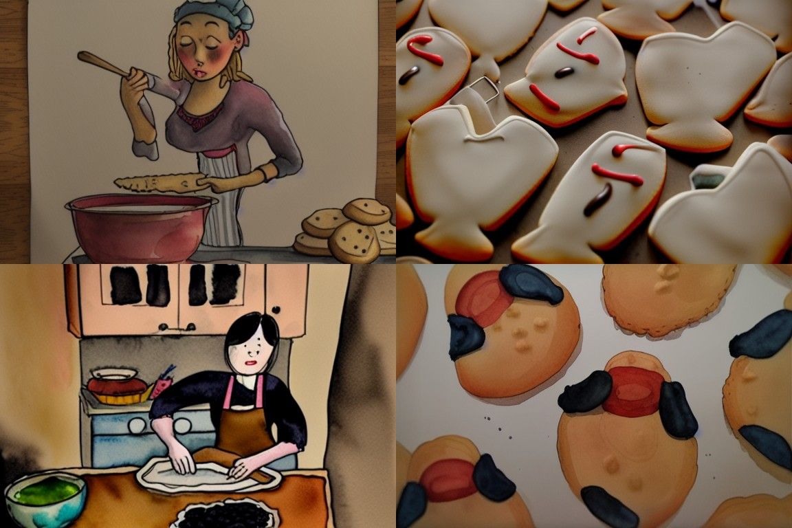 Woman baking cookies watercolor and ink