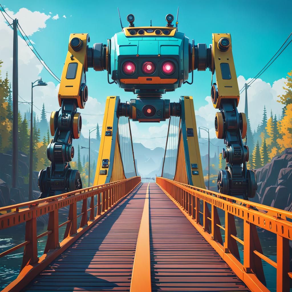 Robot crossing a bridge colorful style, simon stalenhag, i8K resolution ...