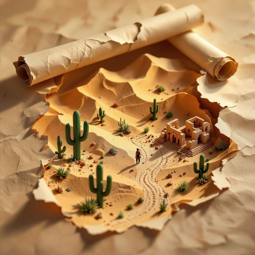 An ancient scroll unfurls to reveal a miniature, three-dimensional desert landscape. Sand dunes are sculpted from crumpled parchment, cacti ...