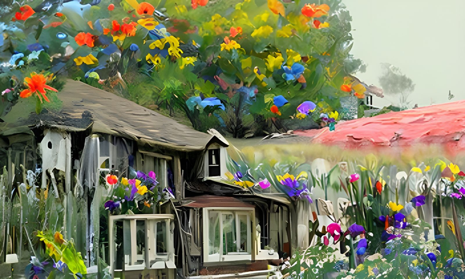 a cottage surrounded by wildflowers watercolor painting by f...