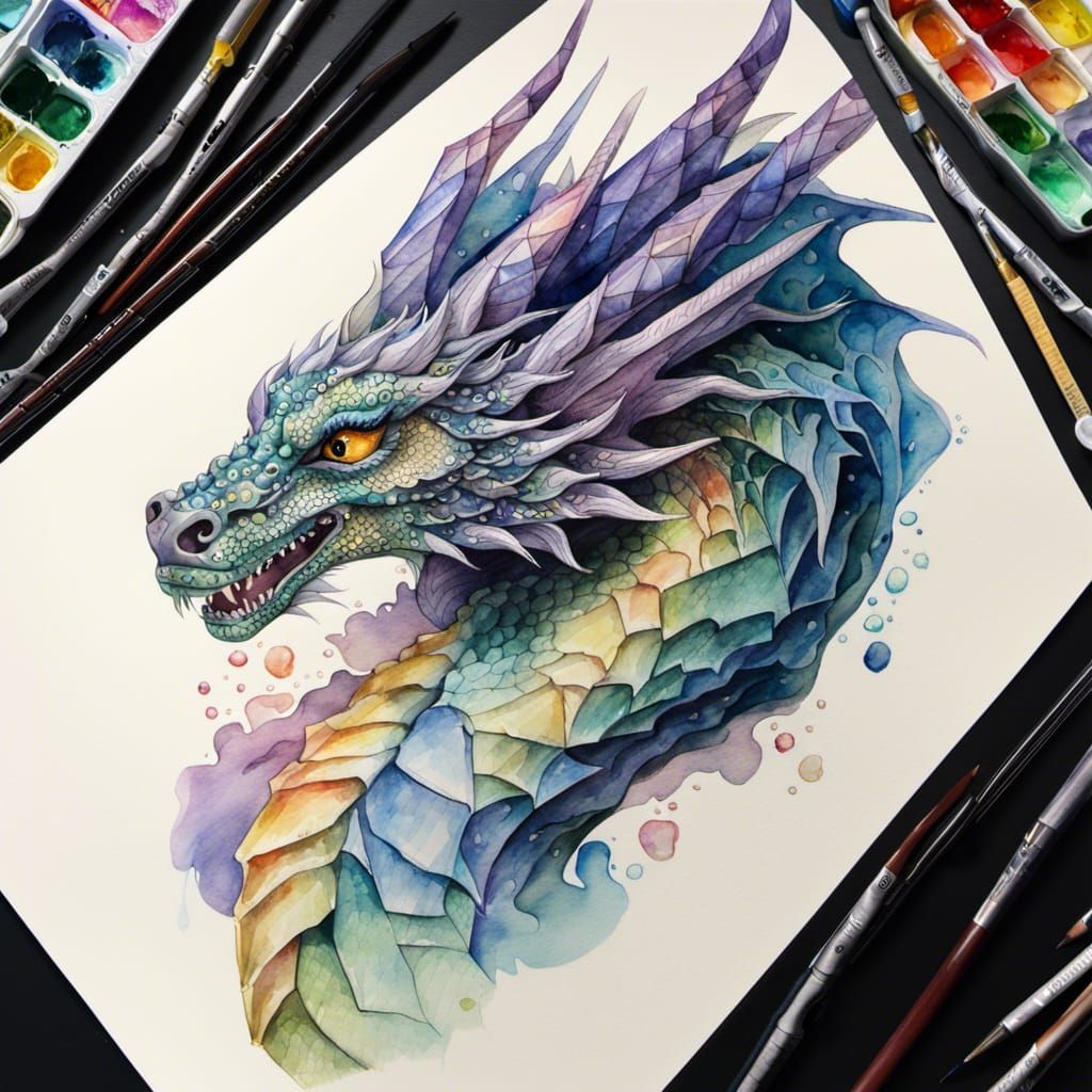 Watercolor crystal dragon, hyperdetailed, Hyperrealistic, be...