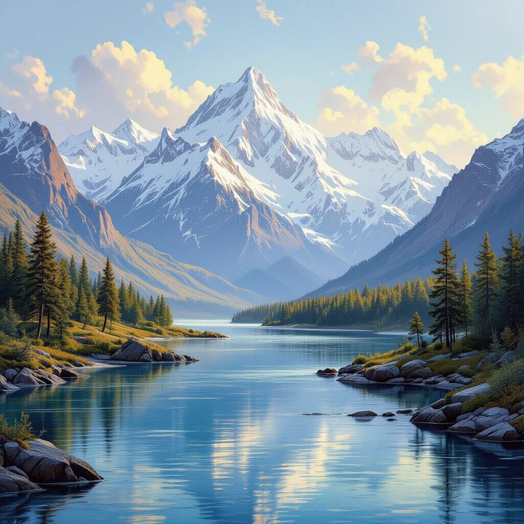 Snowy Mountains Reflect in River: Romantic Landscape
