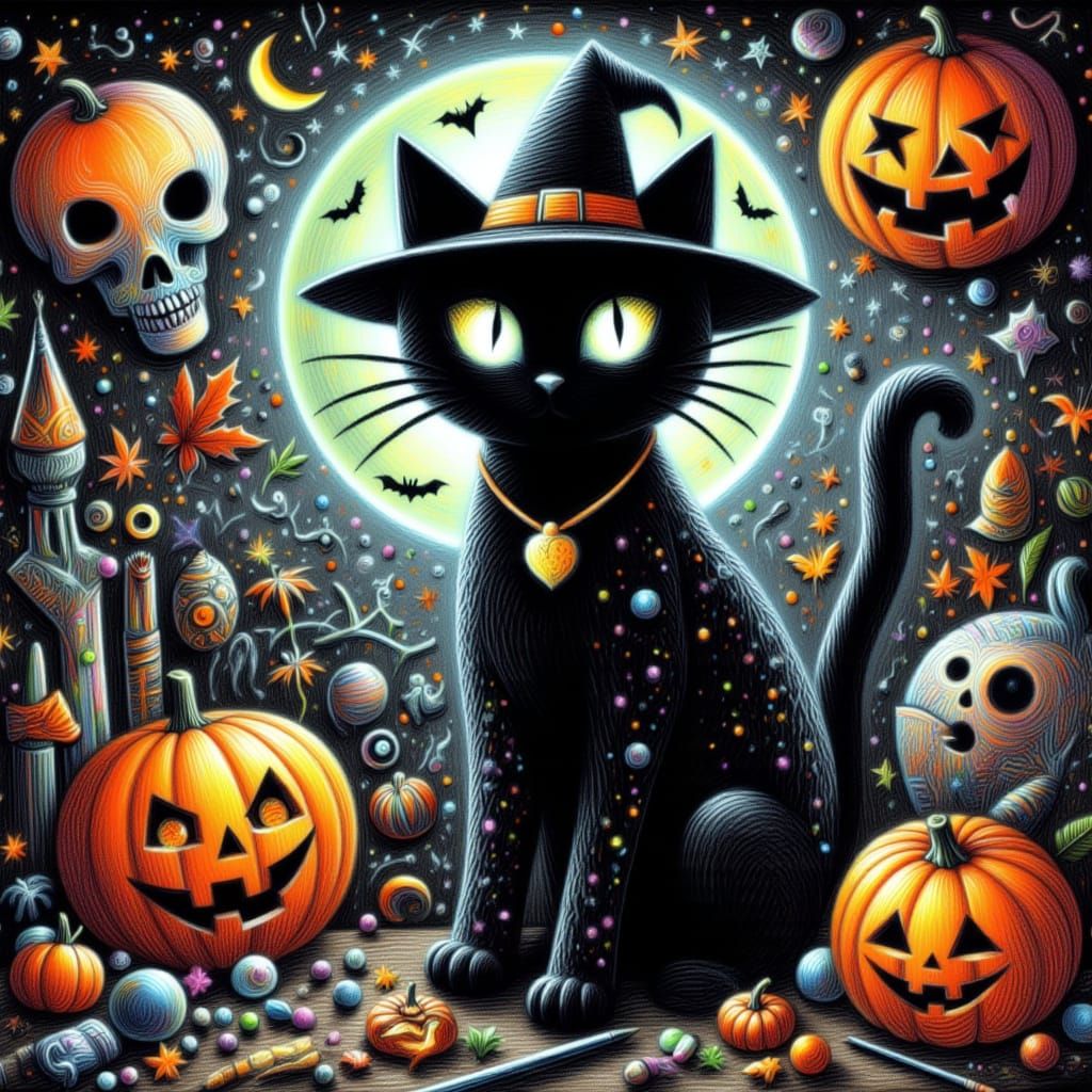 <lora:Black Cat Spooky:1.0> Drawing of a  Witchy Black cat On Halloween