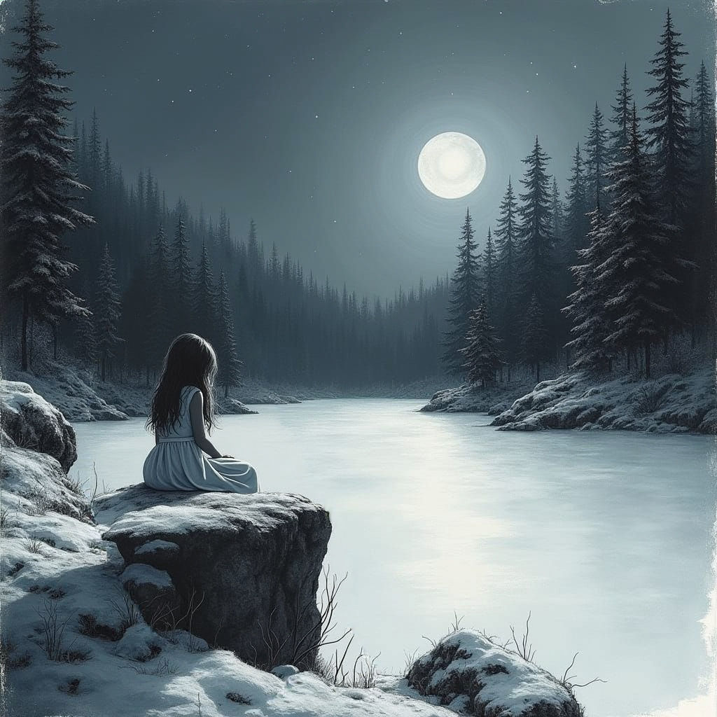 Charcoal drawing featuring a frozen lake with surrounded by pine trees with the moon overhead. A girl sits on a rock ledge overlooking the l...